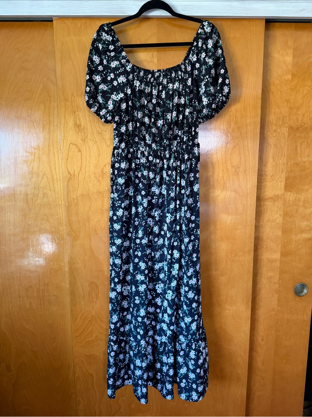 Black Floral Maxi Dress with Puff Sleeves